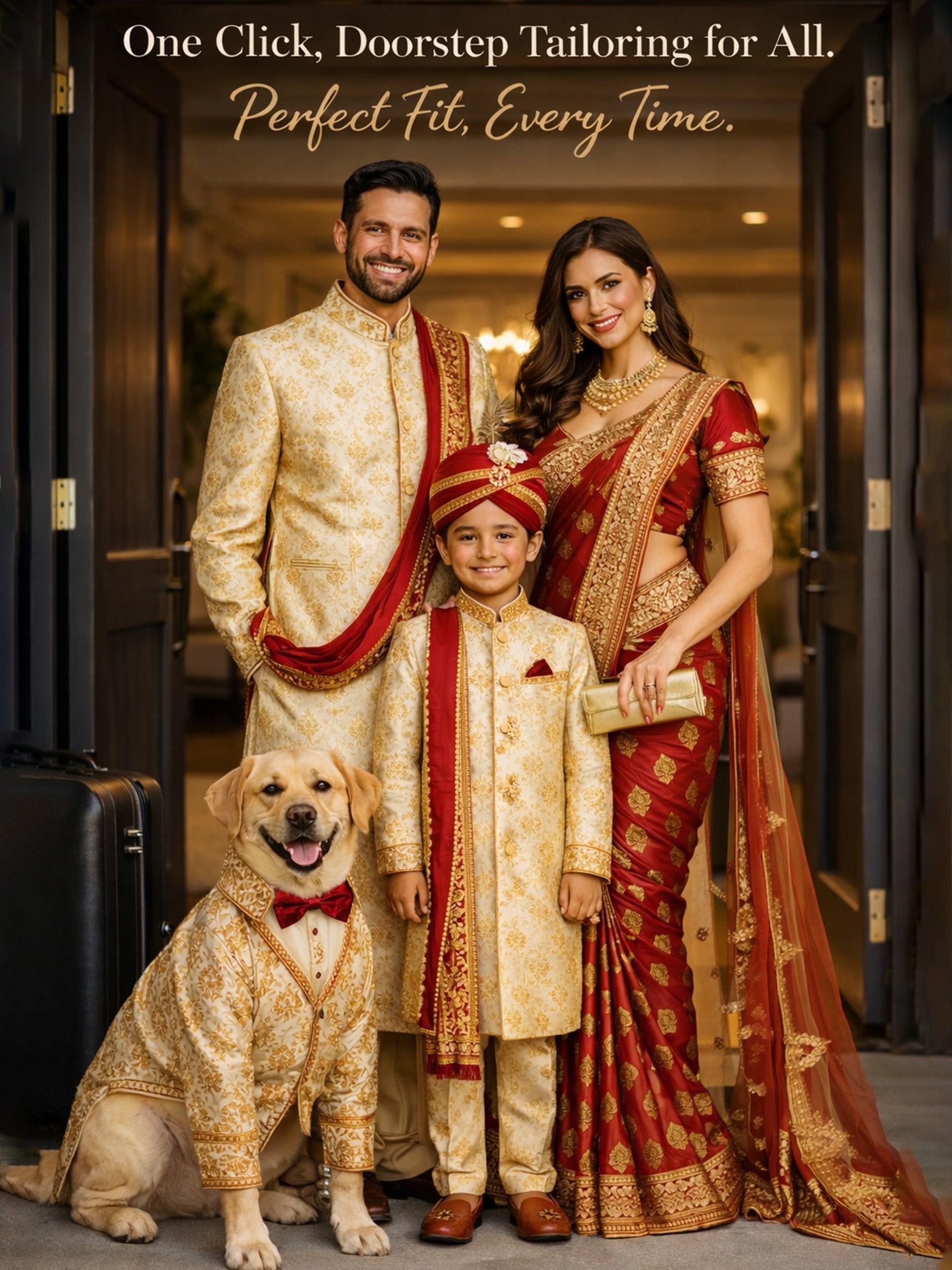 Pet fashion consultation India step by step — Tailoes stylist measuring dog for custom outfit in Bangalore
